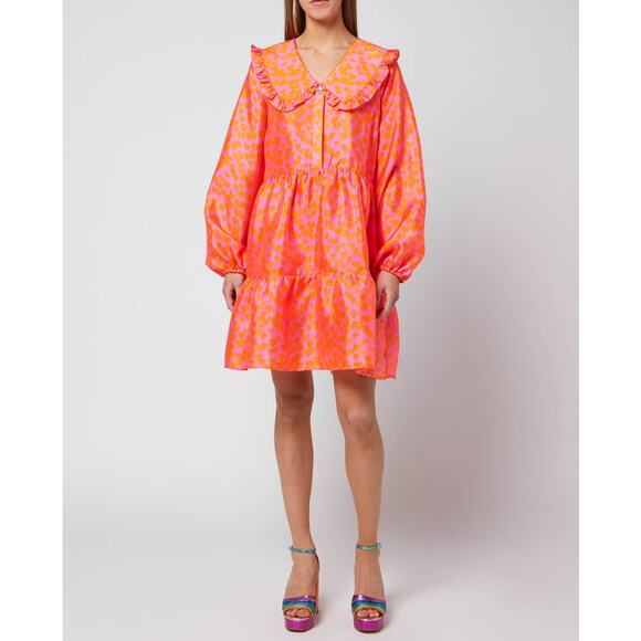 CRAS Torycras Dress Pink Orange Heart Print Balloon Sleeve Tiered Mini Size US 4 - Picture 1 of 11